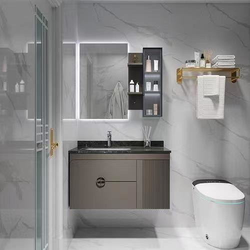 Armoire à vanité de salle de bain moderne avec panneau de porte acrylique et plafond en pierre