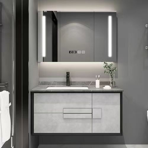 Armoire à vanité de salle de bain moderne avec panneau de porte acrylique et plafond en pierre
