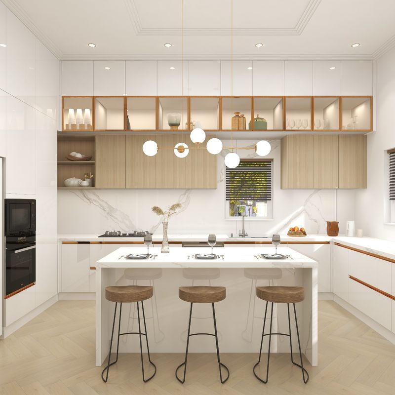 Armoires de cuisine entièrement modernes avec comptoir en pierre de quartz et rangement en bois
