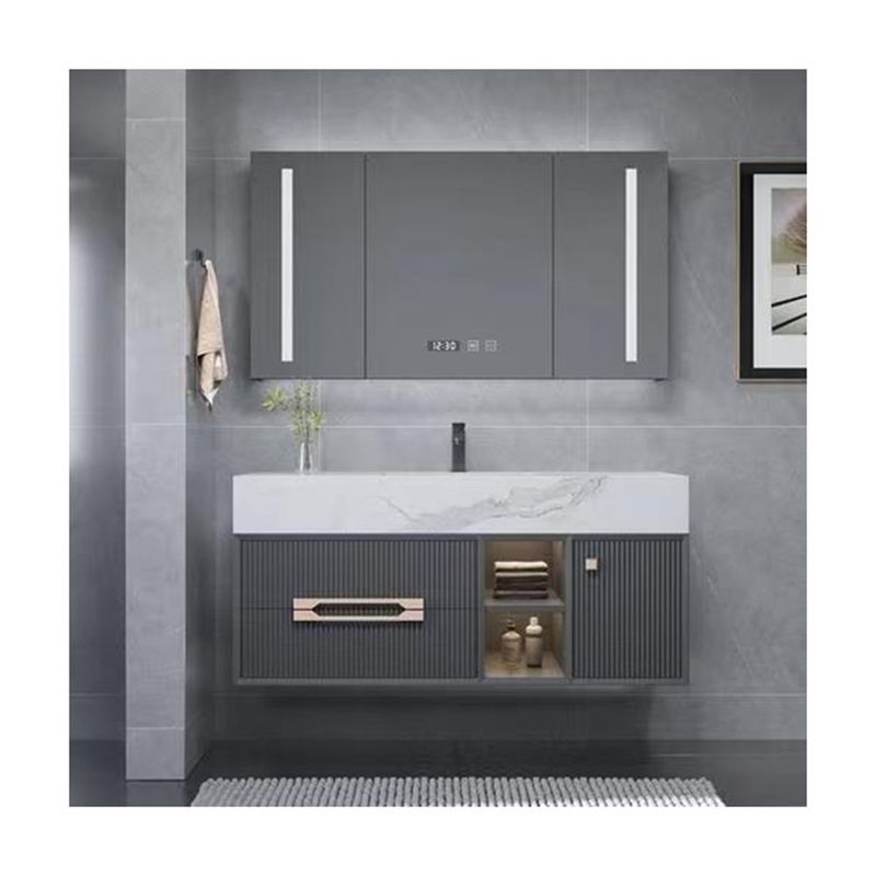 Combo de plateau en bois moderne avec petits éviers flottants et unité mince Vanité de salle de bain gris / chêne blanc