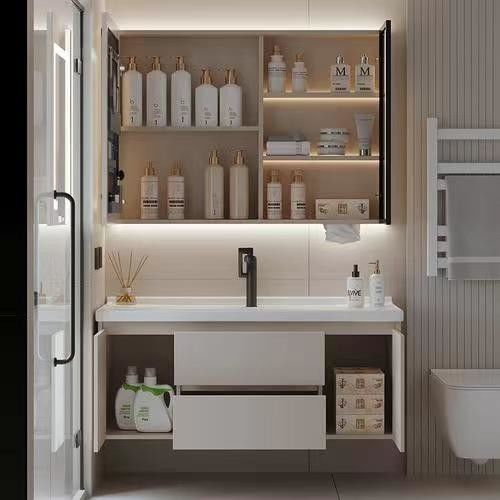 Conception personnalisée Cabinet flottant miroir de salle de bain avec panneau de porte acrylique et lumière
