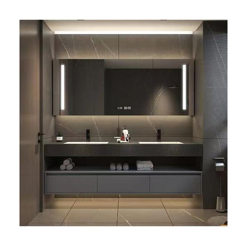 Matériau de porte en bois massif Cabinet coulissant de miroir de salle de bain avec conception sans poignée légère
