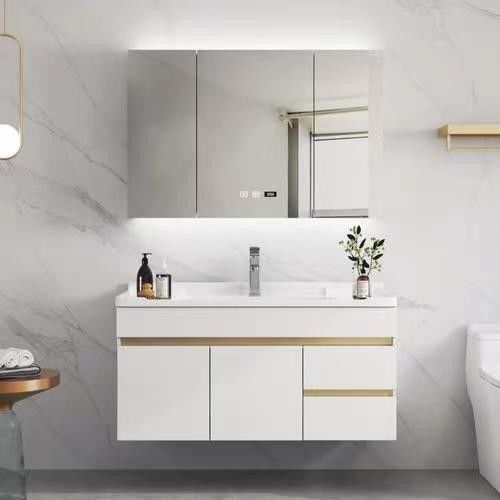 Organiseur de salle de bain moderne avec un armoire flottante de 30 pouces et un design sans poignée