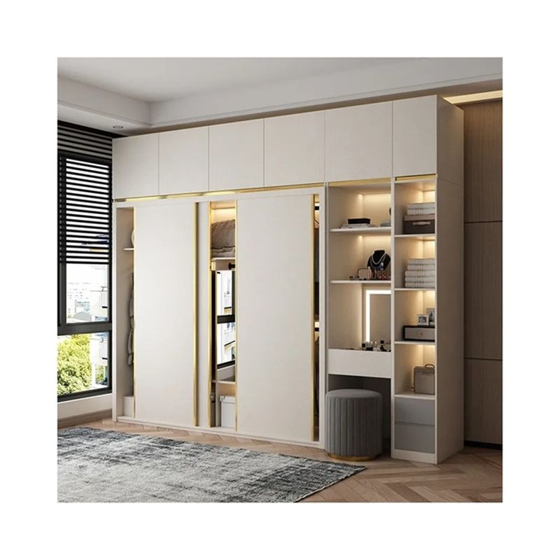 YALIG Chambre en bois massif complète 3 portes garde-robe d'angle avec table à manger miroir