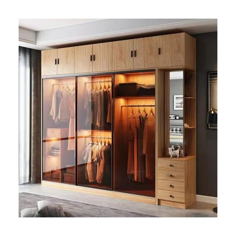 Maintenance minimale Porte pivotante en melamine de couleur bois moderne Armoire de chambre pour villa