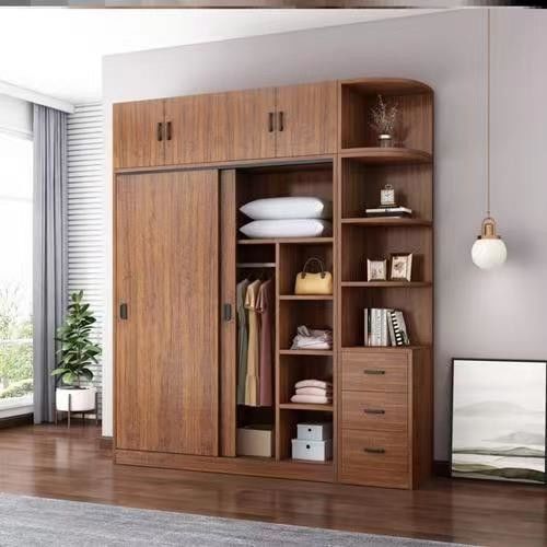 Maintenance minimale Porte pivotante en melamine de couleur bois moderne Armoire de chambre pour villa
