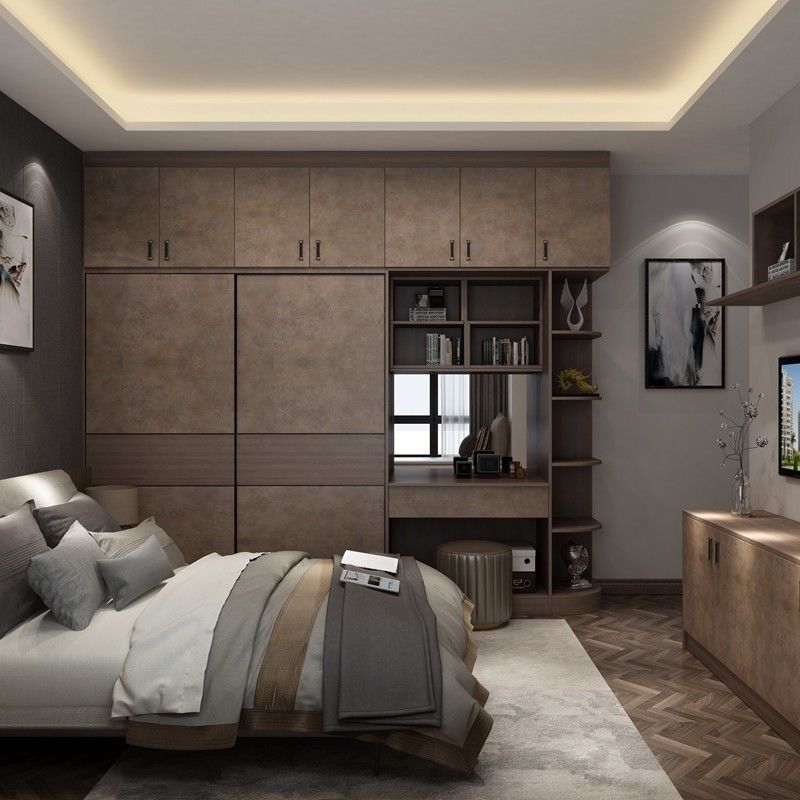 Maintenance minimale Porte pivotante en melamine de couleur bois moderne Armoire de chambre pour villa