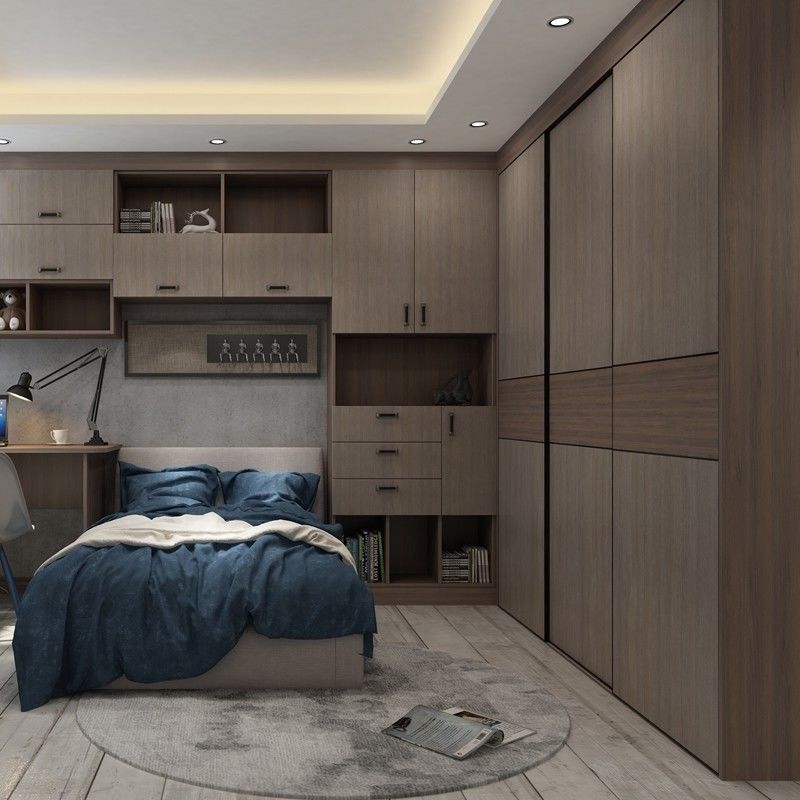 Maintenance minimale Porte pivotante en melamine de couleur bois moderne Armoire de chambre pour villa