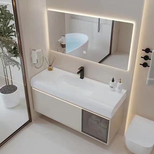 Rectangulaire Blanc Matte Laque Peinture Vanité Avec Doux Clos Drawer Et Le Bureau De Pierre Quartz