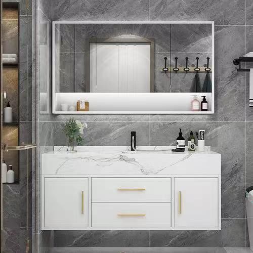 Rectangulaire Blanc Matte Laque Peinture Vanité Avec Doux Clos Drawer Et Le Bureau De Pierre Quartz